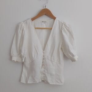 Reformation White Puff Sleeve Linen Blouse
